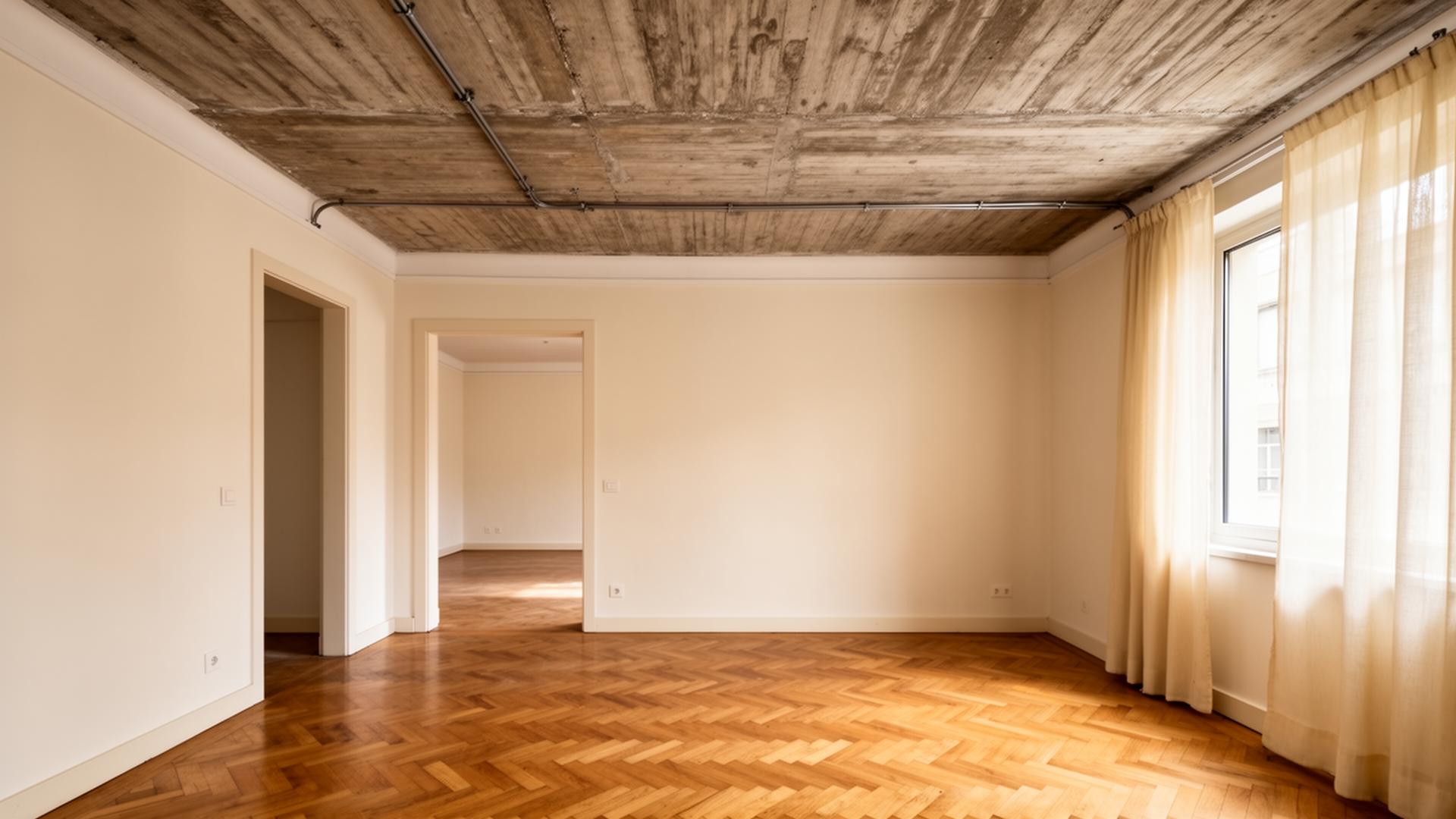 Visualização do potencial interior após reabilitação — laje de betão à vista e parquet